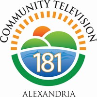 Logo for Alexandria Community TV channel 181, showcasing a stylized landscape with a sun over hills and water. The design is framed by the text "Alexandria Community TV" with the number "181" prominently centered.