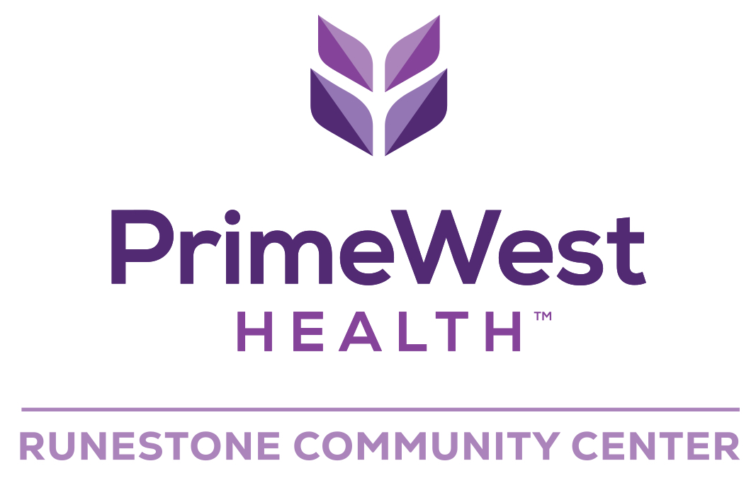 PrimeWest Health logo in purple above the text "PrimeWest Health" and "Runestone Community Center," highlighting the RCC Renovation, with all elements in purple on a white background.