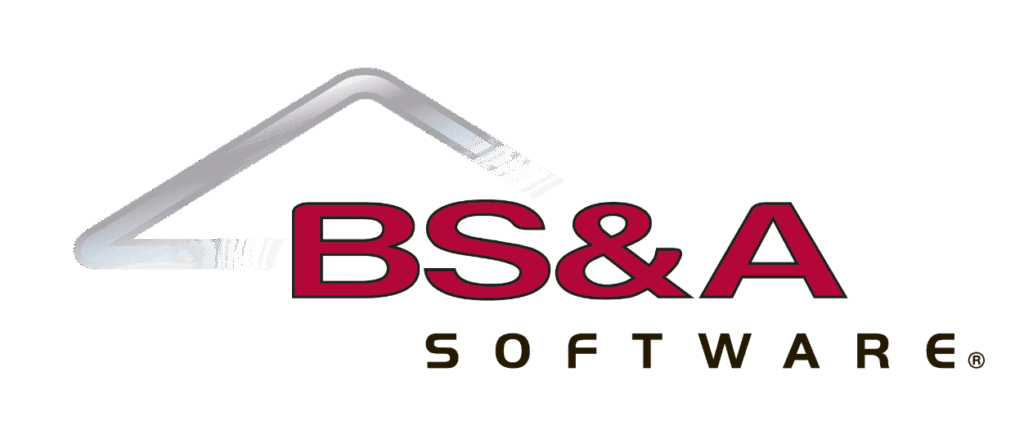 Logo for BS&A Software featuring a stylized, angled line above the bold red letters "BS&A" with "SOFTWARE" in smaller black letters beneath, representing expertise in Permit Application and Building Permits management.